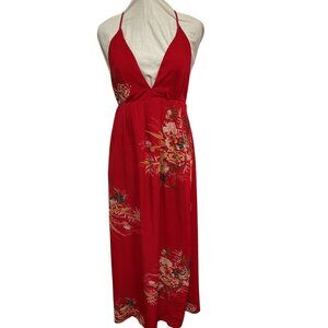 Red Floral Halter Maxi Dress With Crisscross Back & Adjustable Straps Size M